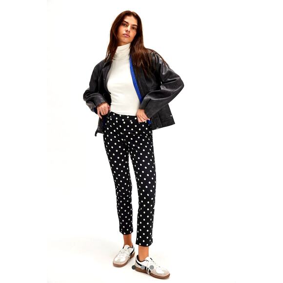 Free People Molly Printed Slim Pants Black Combo Polka Dots size 12 - Picture 1 of 7